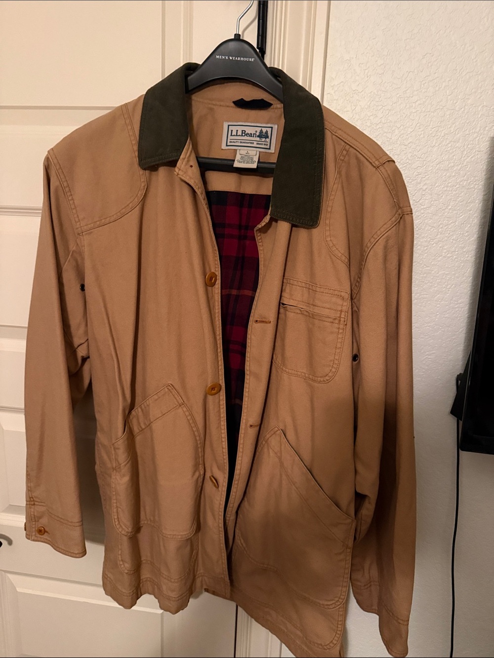 L.L. Bean Tan Jacket with Dark Green Corduroy Collar